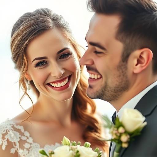 Foto de um casal sorrindo durante o casamento